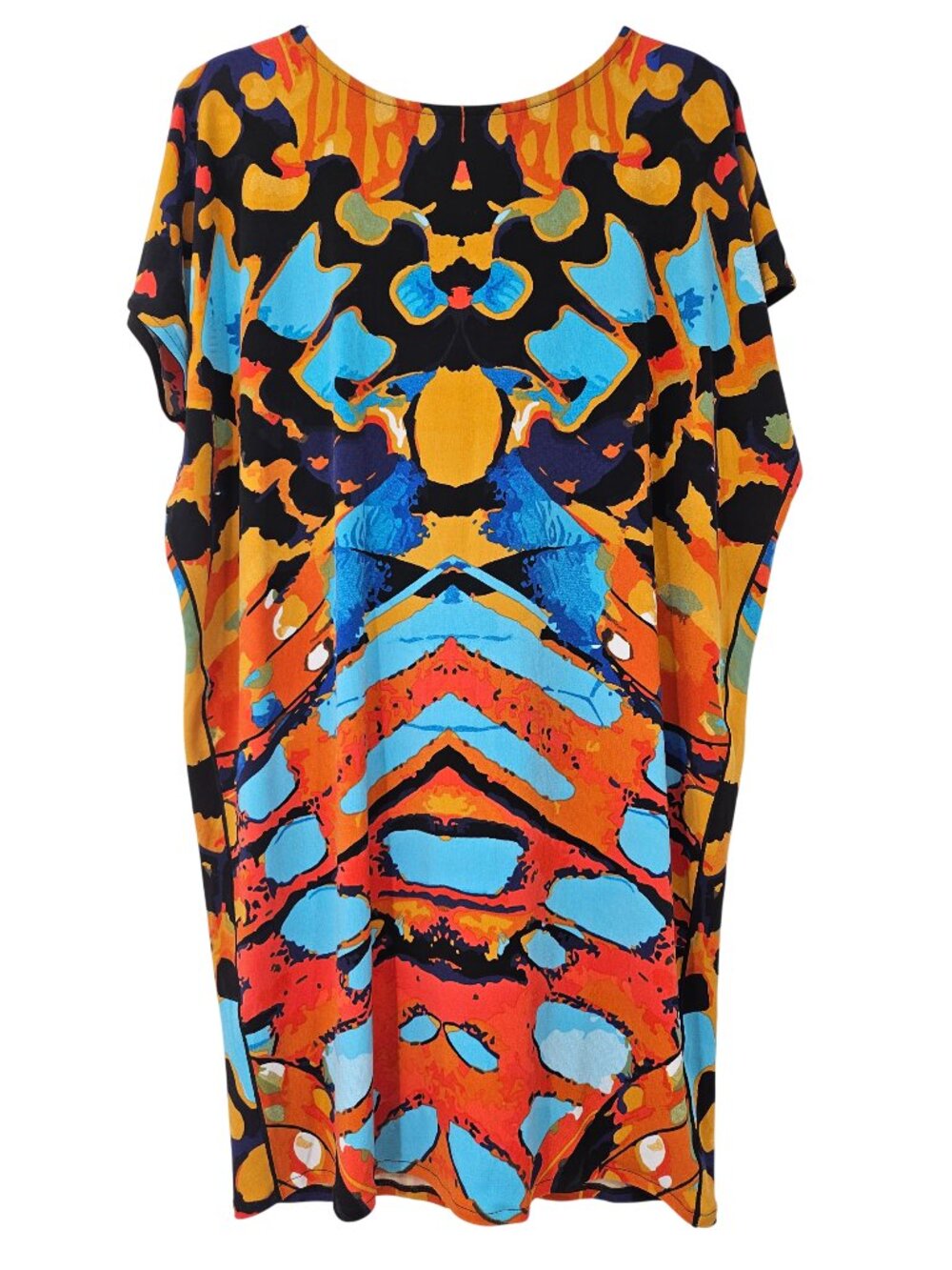 Eva Varro Abstract Caftan Tulip Dress Orange & Blue Women's Size M Art To Wear